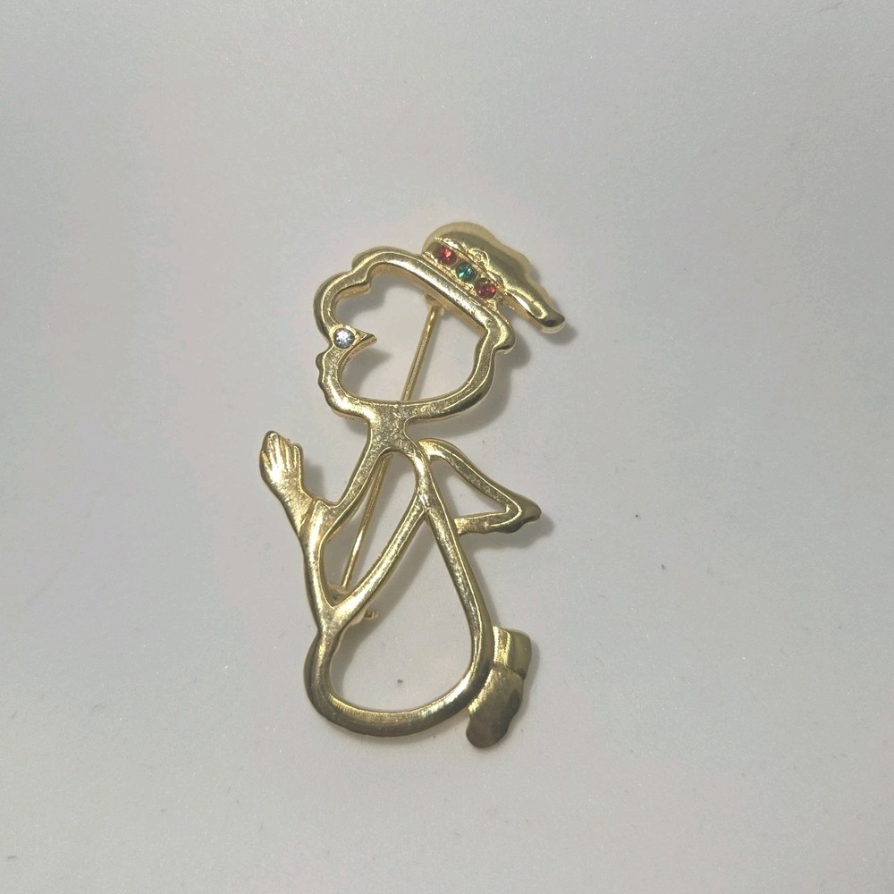 Vintage BJ Girl Figural Brooch Gold Tone Rhinestone Hat Signed Mid Century
